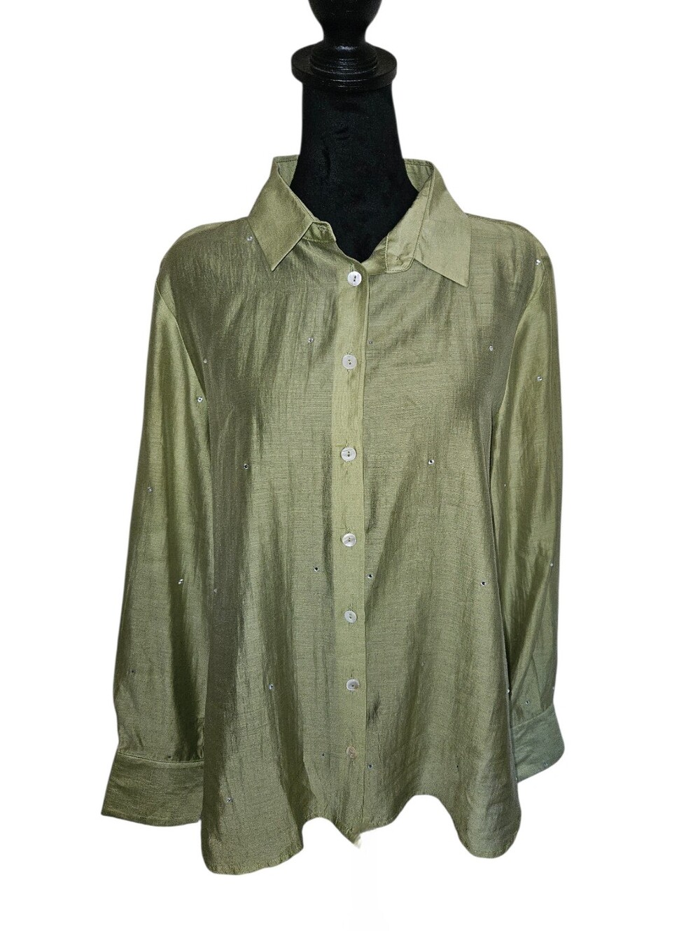 Bailey/44 Women's Olive Green Crystal Embellished Button- Down Semi Sheer Top L